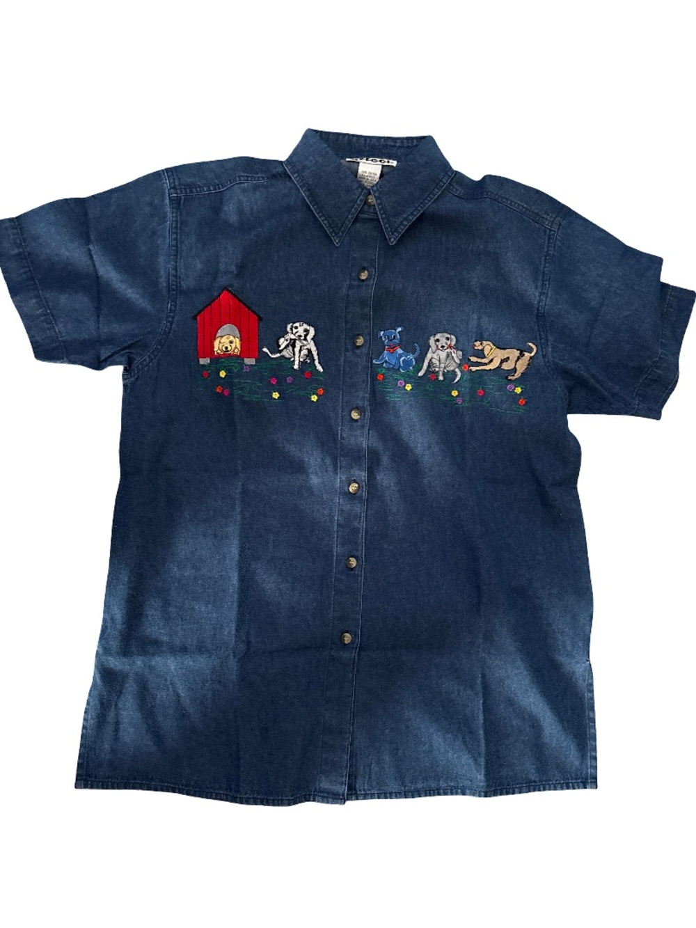 Embroidered Dog Denim Button-Up Shirt - Navy